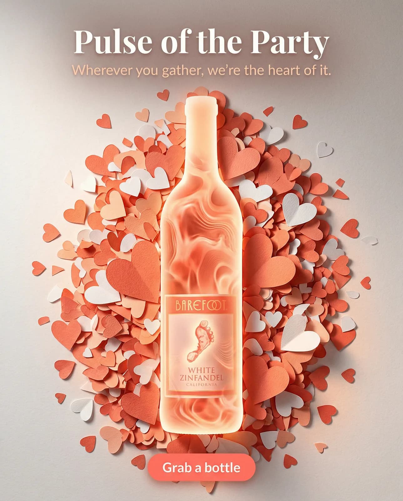 A bottle glowing peach at the center of a pile of cut paper hearts, with a headline above and a small button below