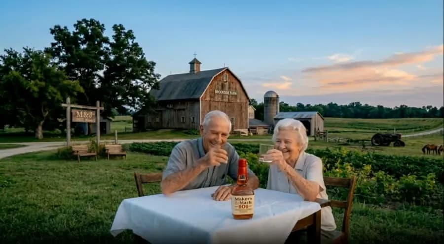 An older couple laughing at a small table with a white cloth and a whisky bottle, a wooden barn and green fields behind them