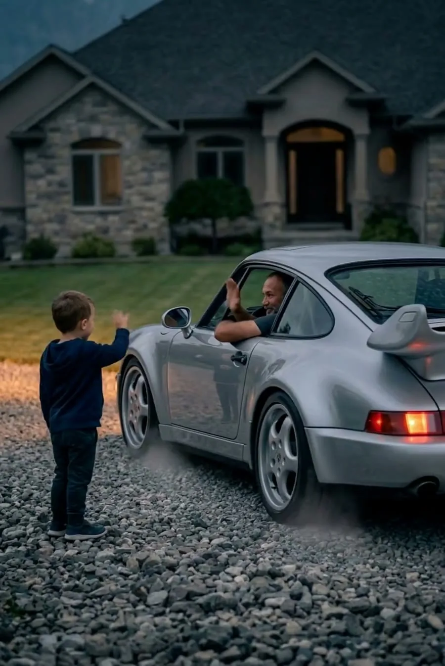A small boy waving at a man leaning out of a silver car on a gravel driveway in front of a stone house at dusk