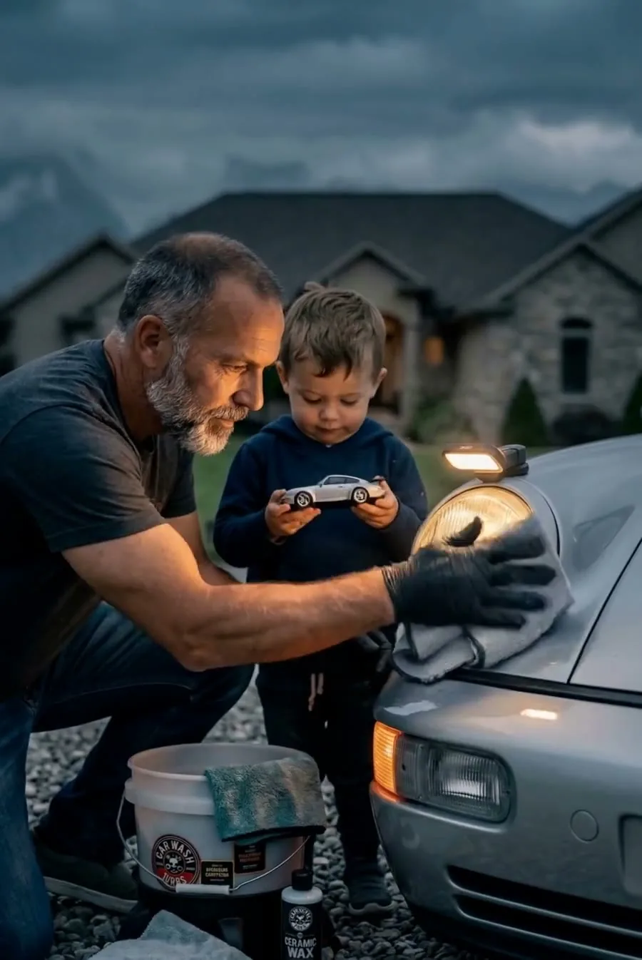 A man in gloves polishing a car headlight while a small boy beside him holds a toy car, a stone house behind them