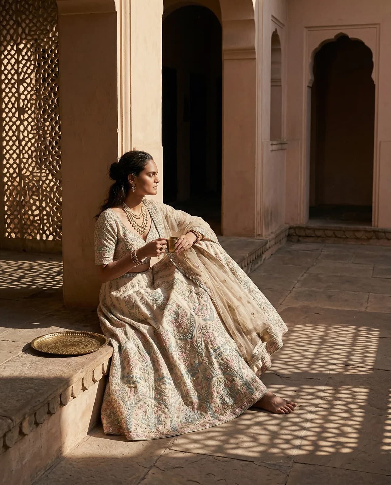Woman in an embroidered cream outfit sitting on a stone step in an old courtyard, a carved screen throwing a lattice of light across the floor