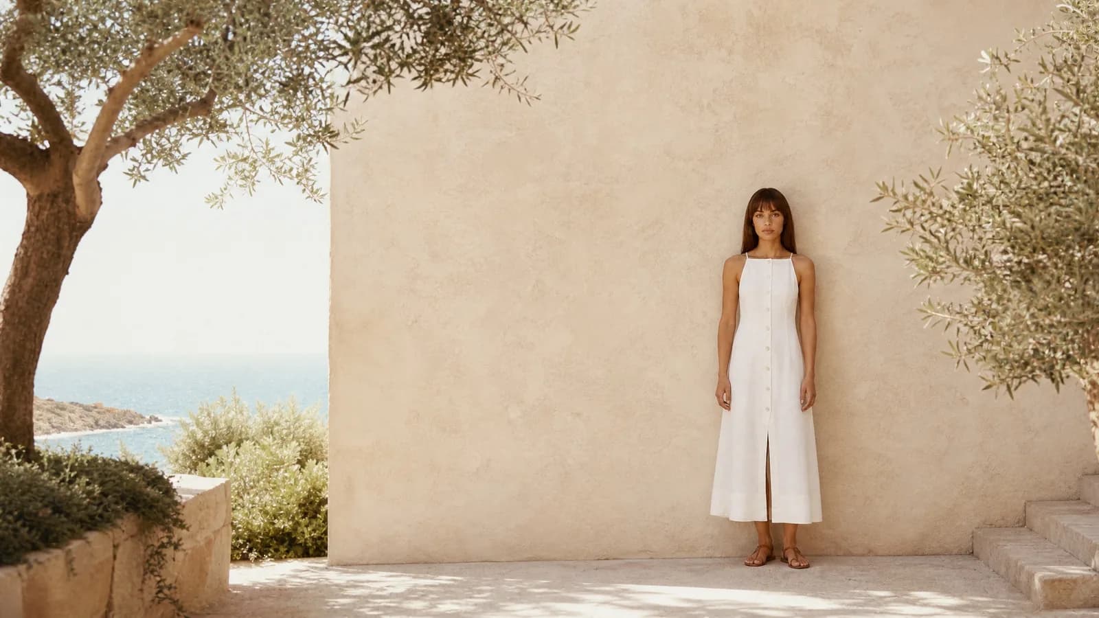 Wide shot of a woman in a white linen dress standing small against a warm plaster wall, an olive tree and the sea to one side