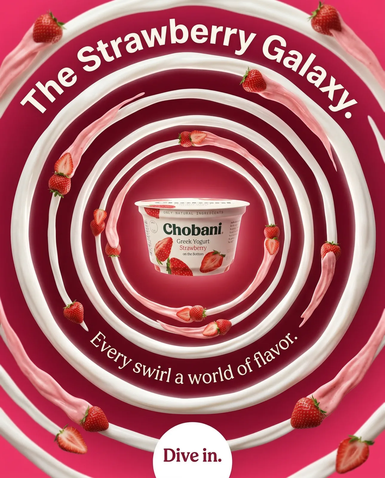 A yogurt cup at the center of rings of pink and white swirls dotted with strawberries, with a headline curving around the top