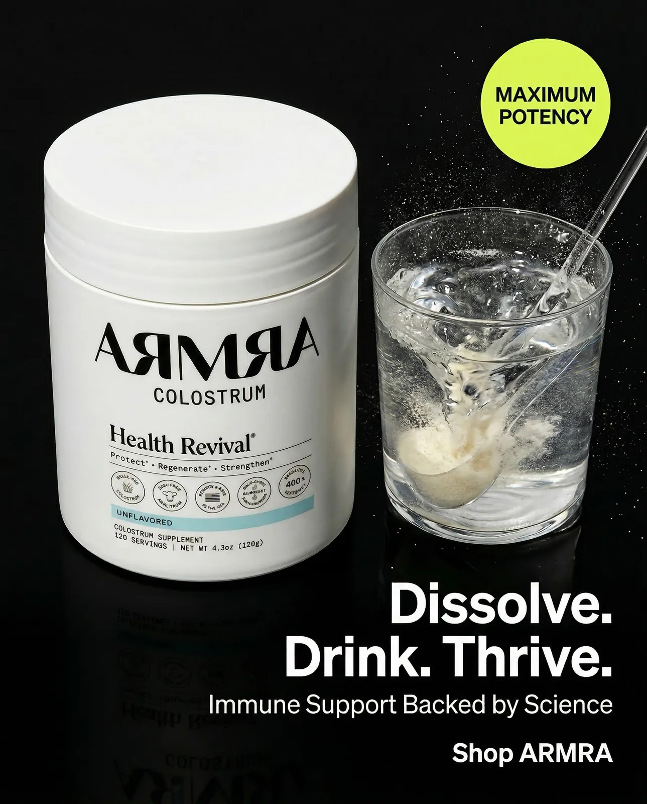 A white supplement tub beside a glass of water being stirred, on a black background, with a headline in the lower right