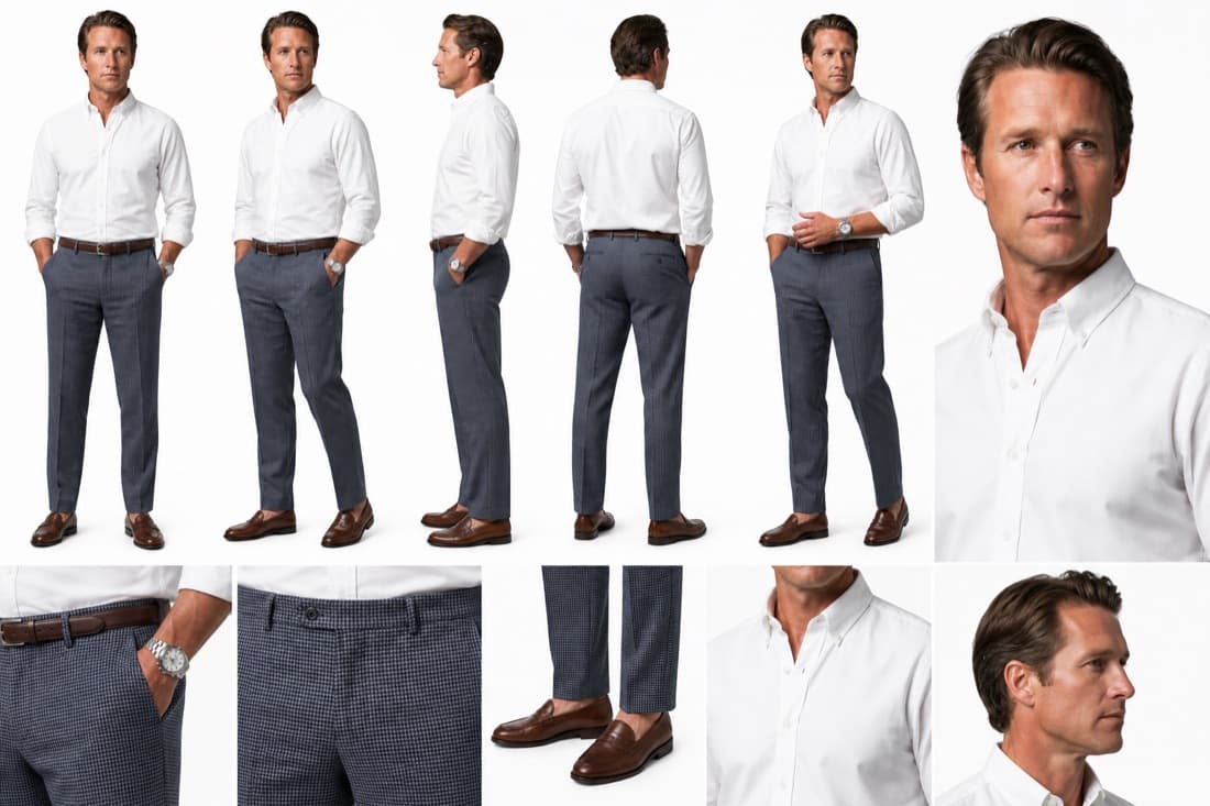 A character sheet: the same model front, back, three-quarter and profile, with face close-ups and detail crops