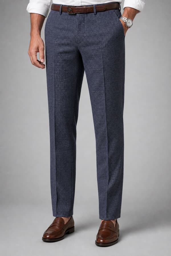 Front-on commerce frame of tailored trousers on model